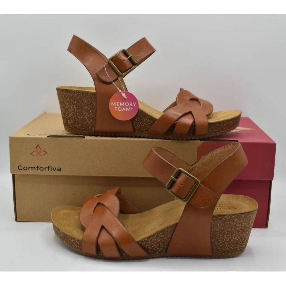 Comfortiva‎ Womens Size 9 Erena Luggage Leather Wedge Sandals Shoes